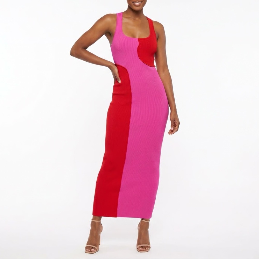 naked wardrobe Pink and Red Colorblock Midi Dress